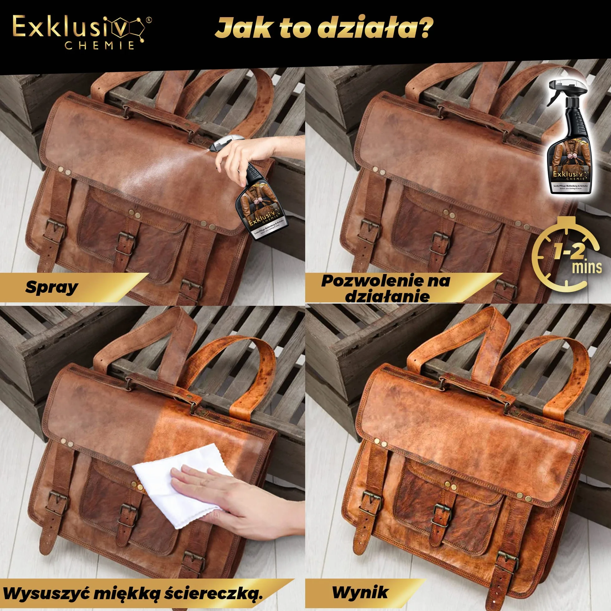 Exklusiv Chemie® Pielęgnacja skóry dla odzieży i obuwia | Pielęgnacja skóry dla skórzanych ubrań i butów | Leather Care | Leather Care Spray | Środek do czyszczenia skóry | 500 | Do kurtek skórzanych, butów skórzanych i toreb skórzanych