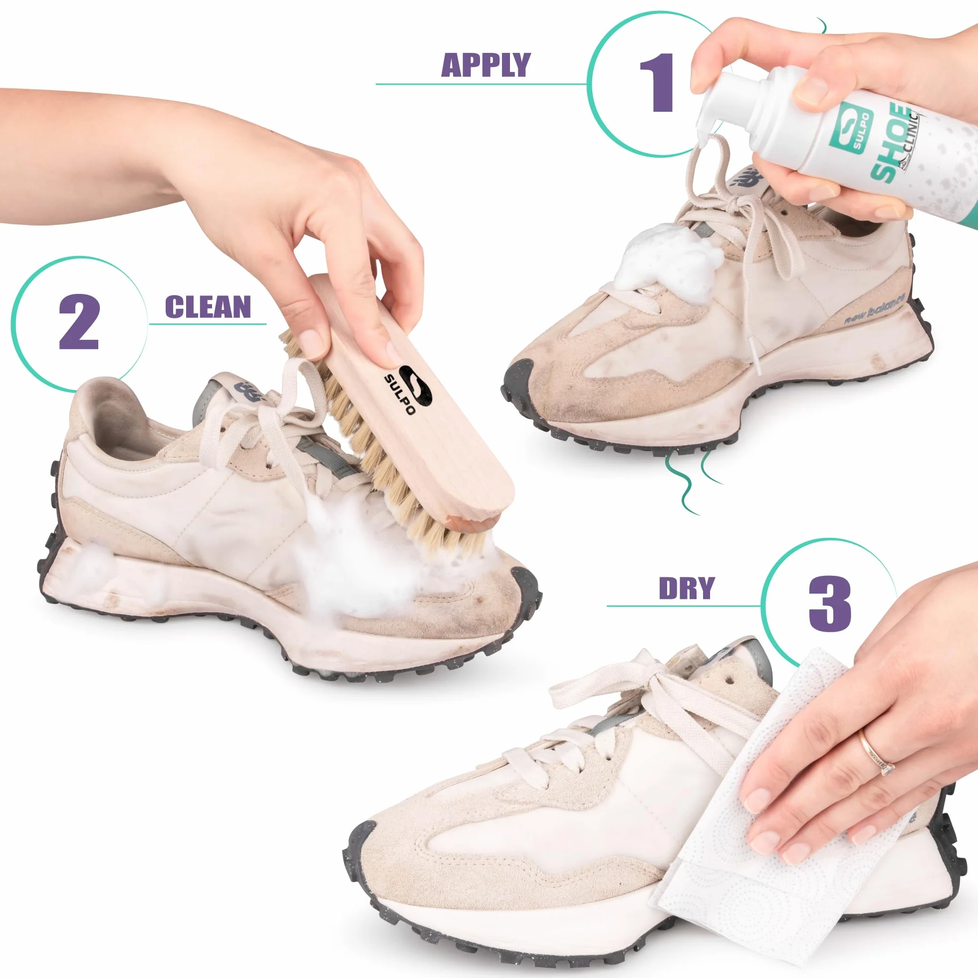 SULPO Shoe Clinic Sneaker Cleaner - Piankowy środek do czyszczenia butów - Środek do czyszczenia zamszu, zamszu, skóry gładkiej, tekstyliów, szampon do butów - 150 ml