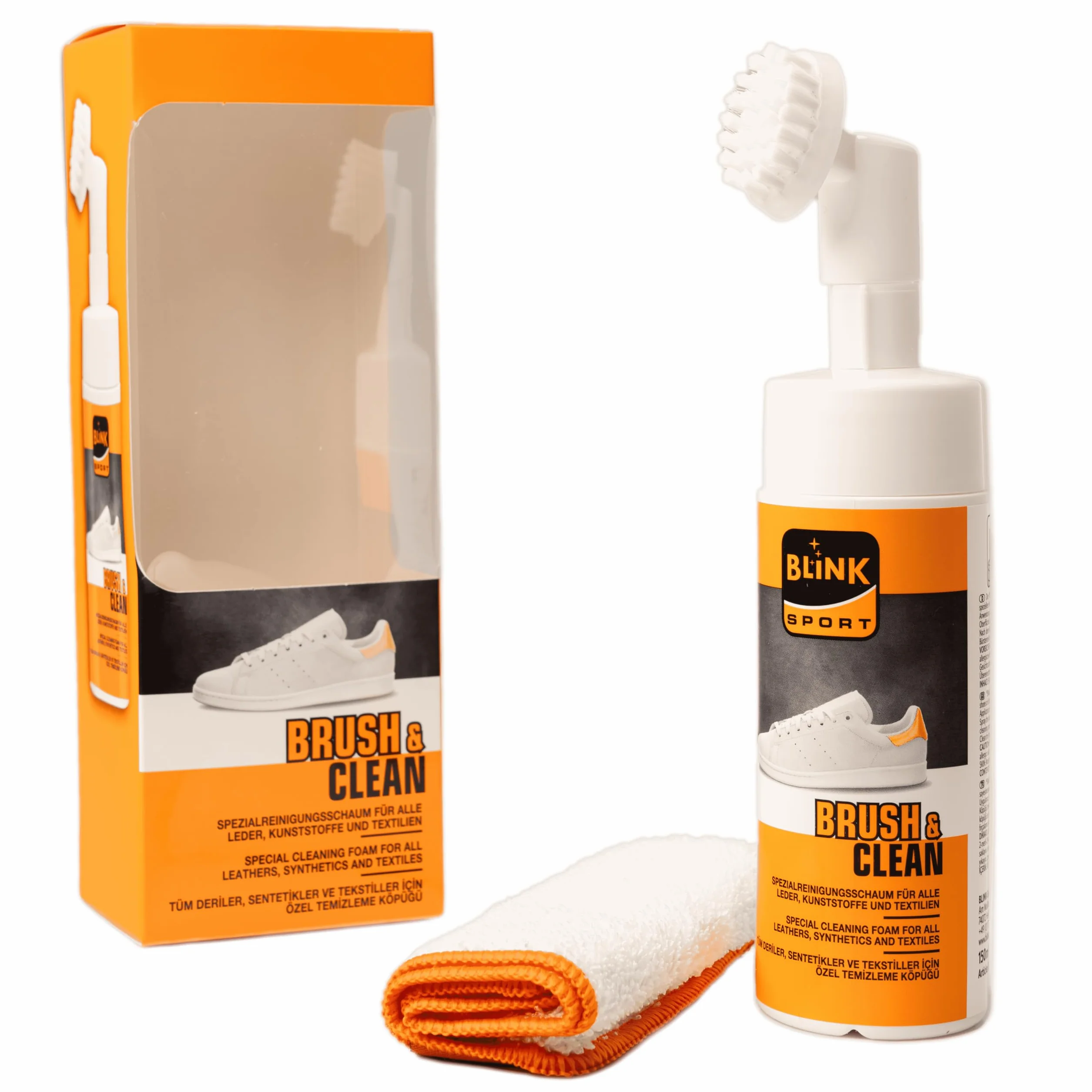 BLINK Brush & Clean Set 150 ml – zestaw do czyszczenia butów, skóry i tekstyliów – zestawy do czyszczenia butów, sneakersów, kolor biały, środek do czyszczenia butów, białe buty