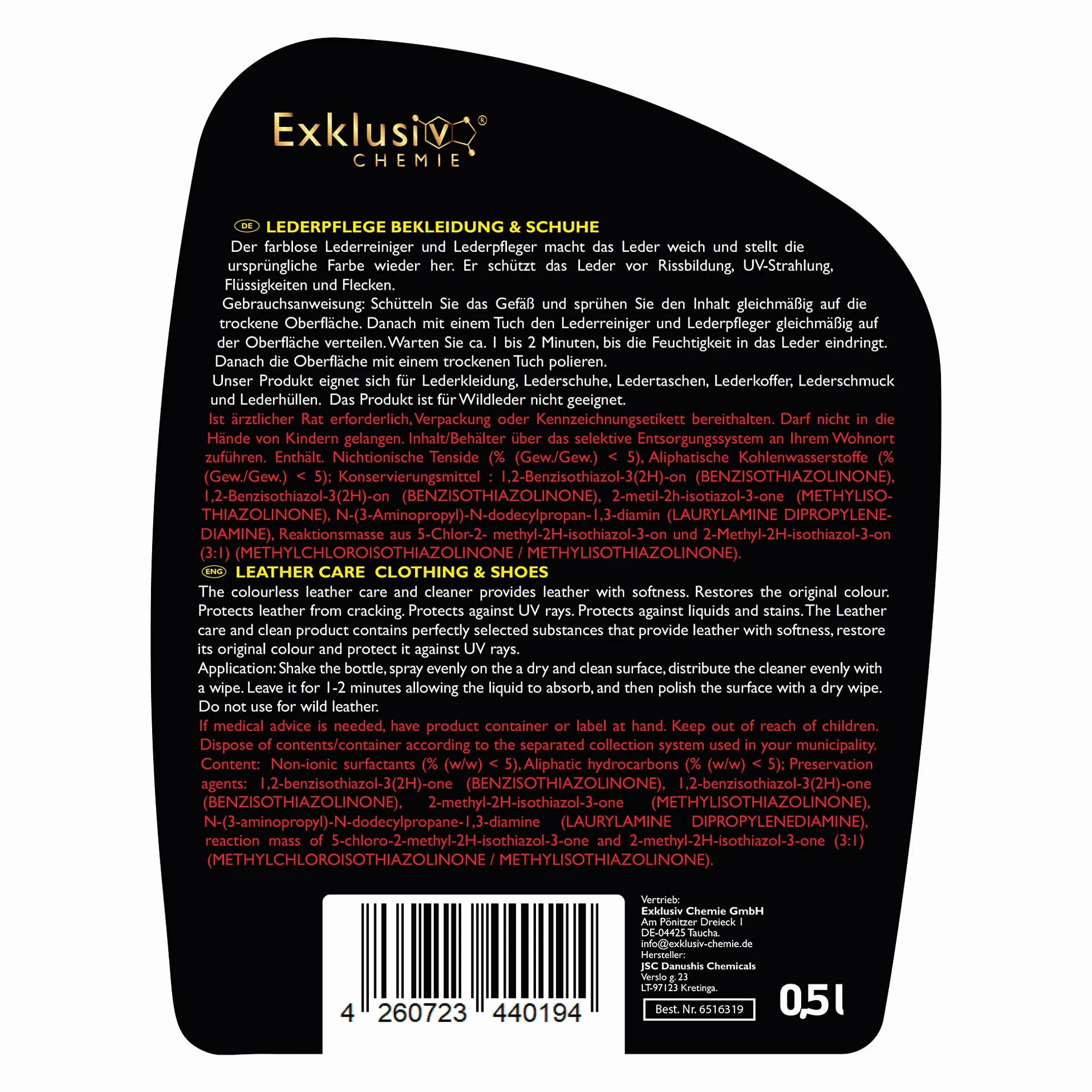 Exklusiv Chemie® Pielęgnacja skóry dla odzieży i obuwia | Pielęgnacja skóry dla skórzanych ubrań i butów | Leather Care | Leather Care Spray | Środek do czyszczenia skóry | 500 | Do kurtek skórzanych, butów skórzanych i toreb skórzanych