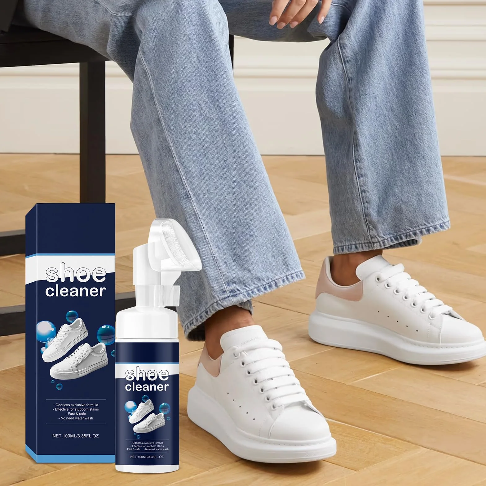 Środek do czyszczenia butów typu sneaker, białe buty ze zintegrowaną szczotką do sneakersów, pianka do usuwania plam i zabrudzeń, środek do czyszczenia butów sportowych