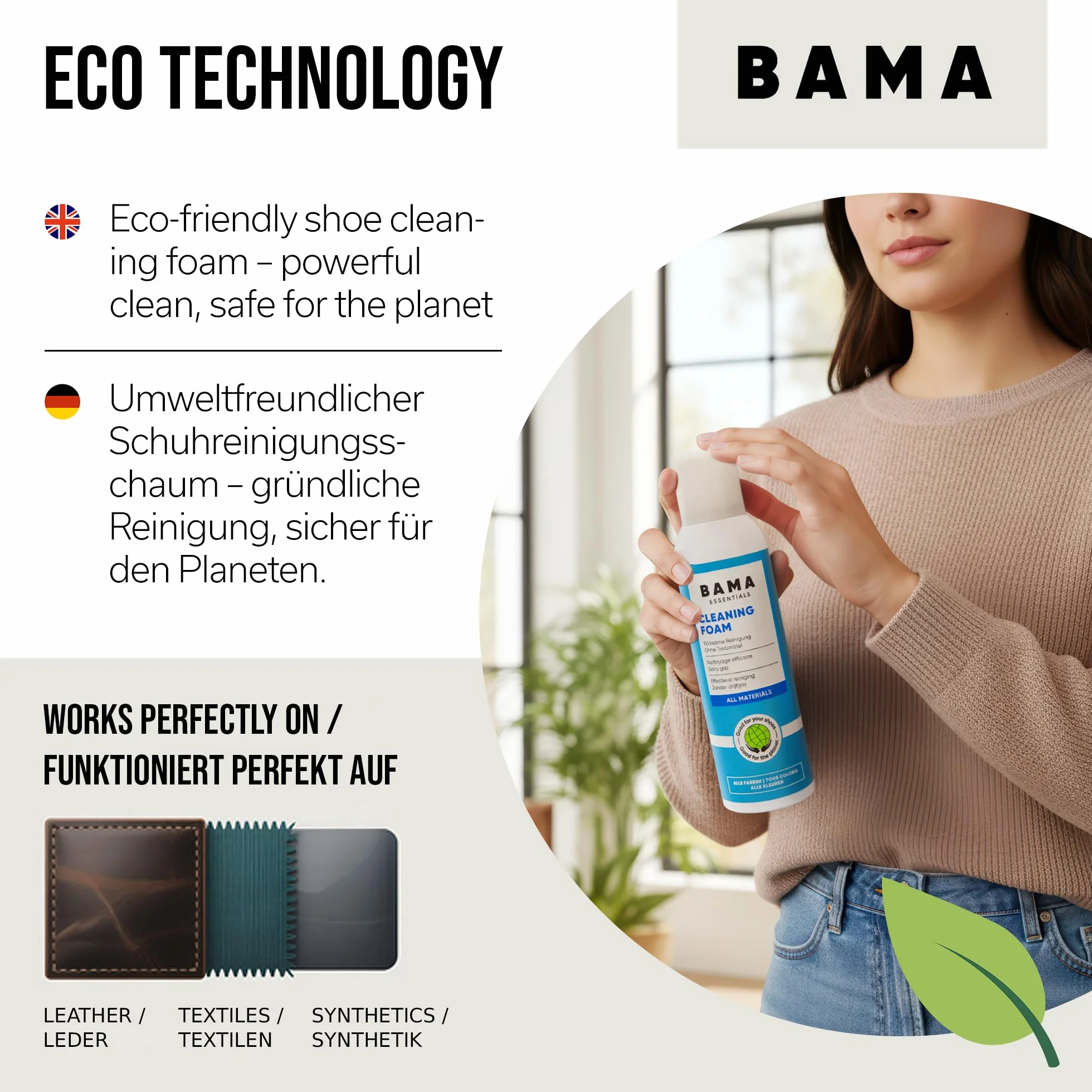 BAMA Cleaning Foam - Pianka Czyszcząca Bama do Butów, Toreb i Kurtek - Pianka Czyszcząca z Technologią Odpychania Zabrudzeń, Eko Pianka Czyszcząca do Butów, 150ml