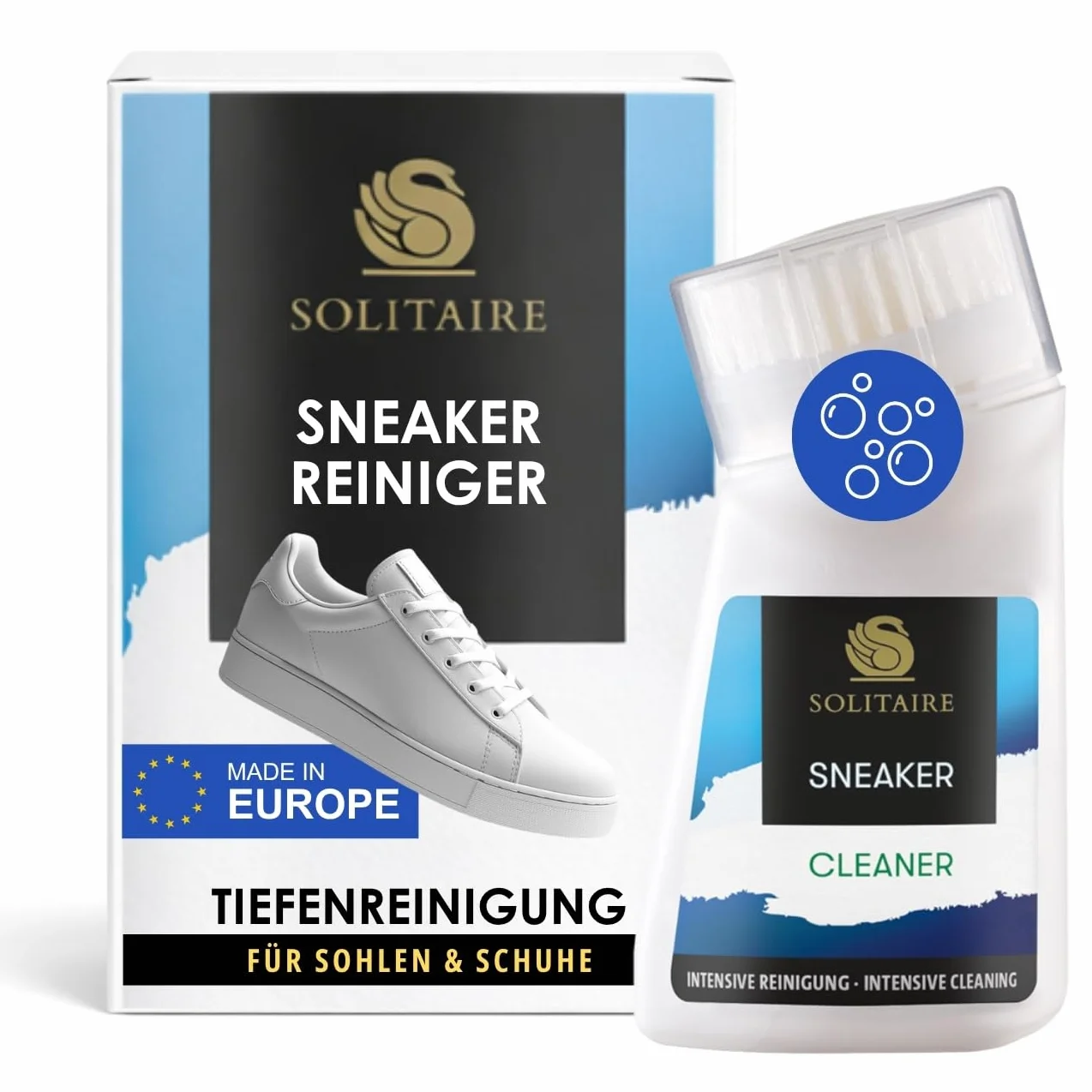 SOLITAIRE Sneakersy Cleaner | Intensywny środek czyszczący do sneakersów | 75 ml | profesjonalne czyszczenie butów i butów | środek czyszczący do sneakersów ze zintegrowaną szczotką do czyszczenia