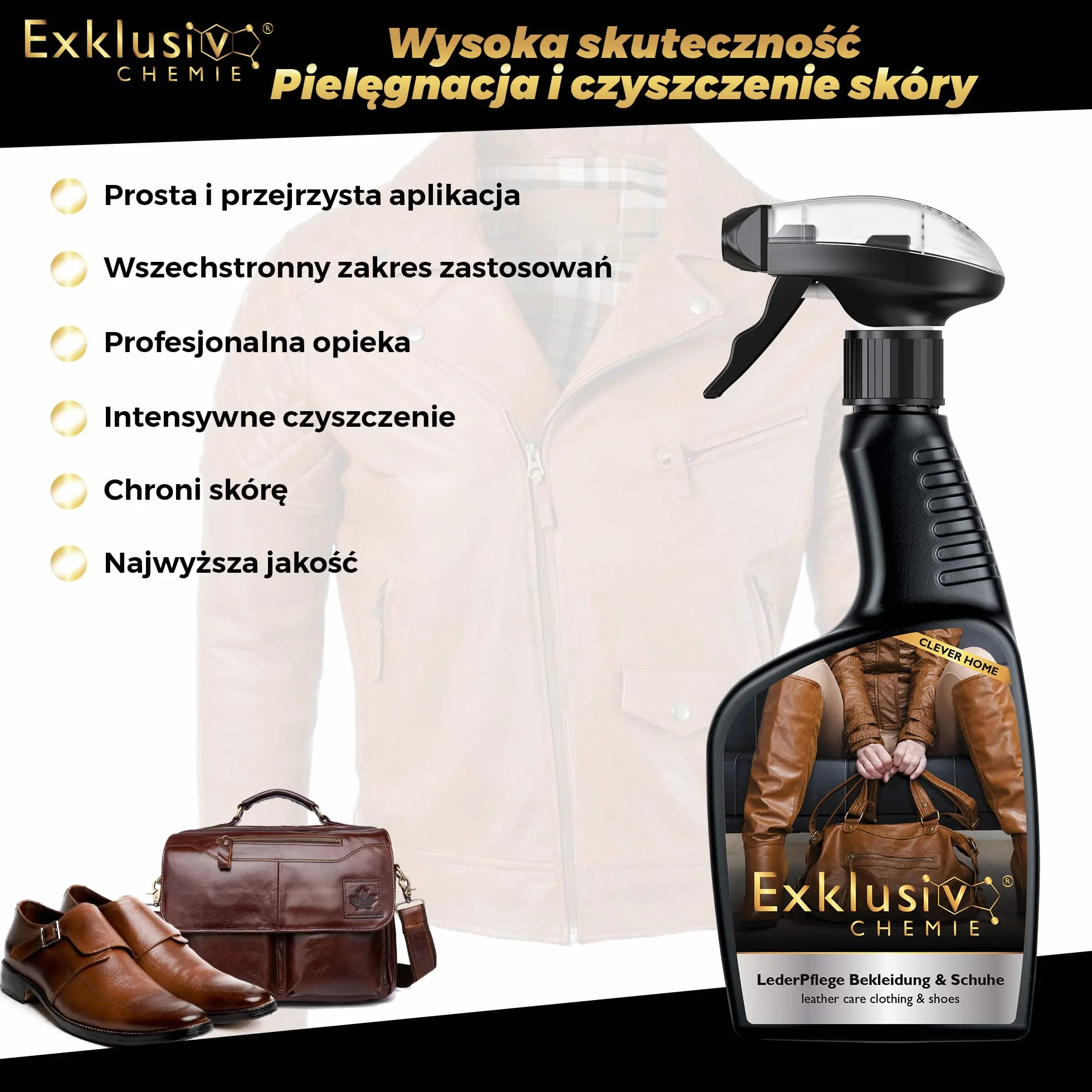 Exklusiv Chemie® Pielęgnacja skóry dla odzieży i obuwia | Pielęgnacja skóry dla skórzanych ubrań i butów | Leather Care | Leather Care Spray | Środek do czyszczenia skóry | 500 | Do kurtek skórzanych, butów skórzanych i toreb skórzanych