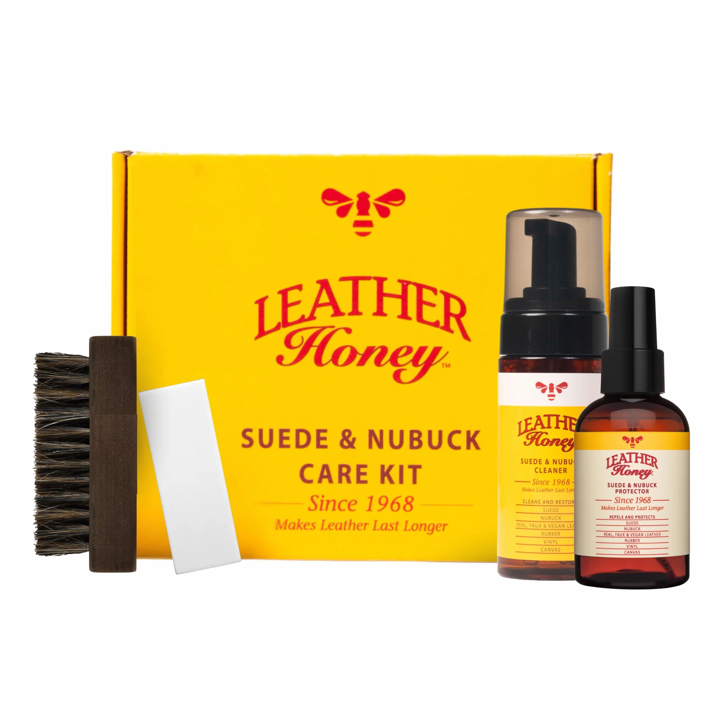 Leather Honey Zestaw Do Pielęgnacji Zamszu I Nubuku: Środek Czyszczący, Ochronny, Szczotka, Gumka: Czyści, Chroni I Odnawia Buty, UGGs, Meble, Kurtki, Torby I Odzież. Bezpieczny Dla Każdego Koloru