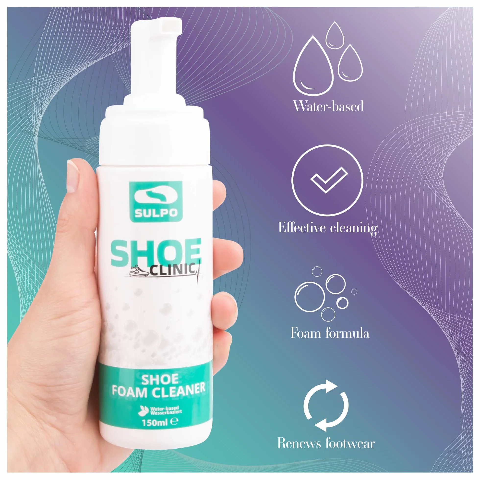 SULPO Shoe Clinic Sneaker Cleaner - Piankowy środek do czyszczenia butów - Środek do czyszczenia zamszu, zamszu, skóry gładkiej, tekstyliów, szampon do butów - 150 ml