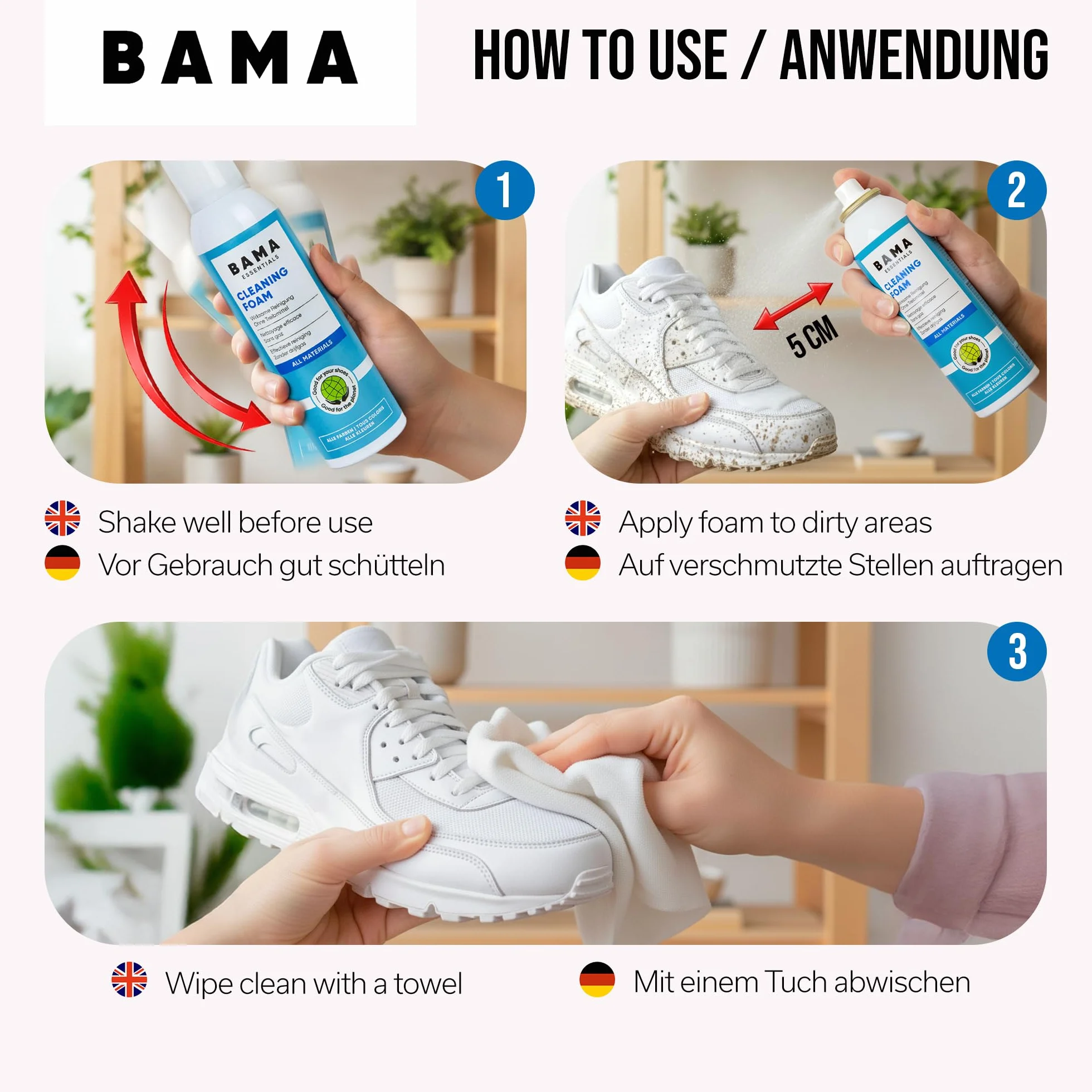 BAMA Cleaning Foam - Pianka Czyszcząca Bama do Butów, Toreb i Kurtek - Pianka Czyszcząca z Technologią Odpychania Zabrudzeń, Eko Pianka Czyszcząca do Butów, 150ml