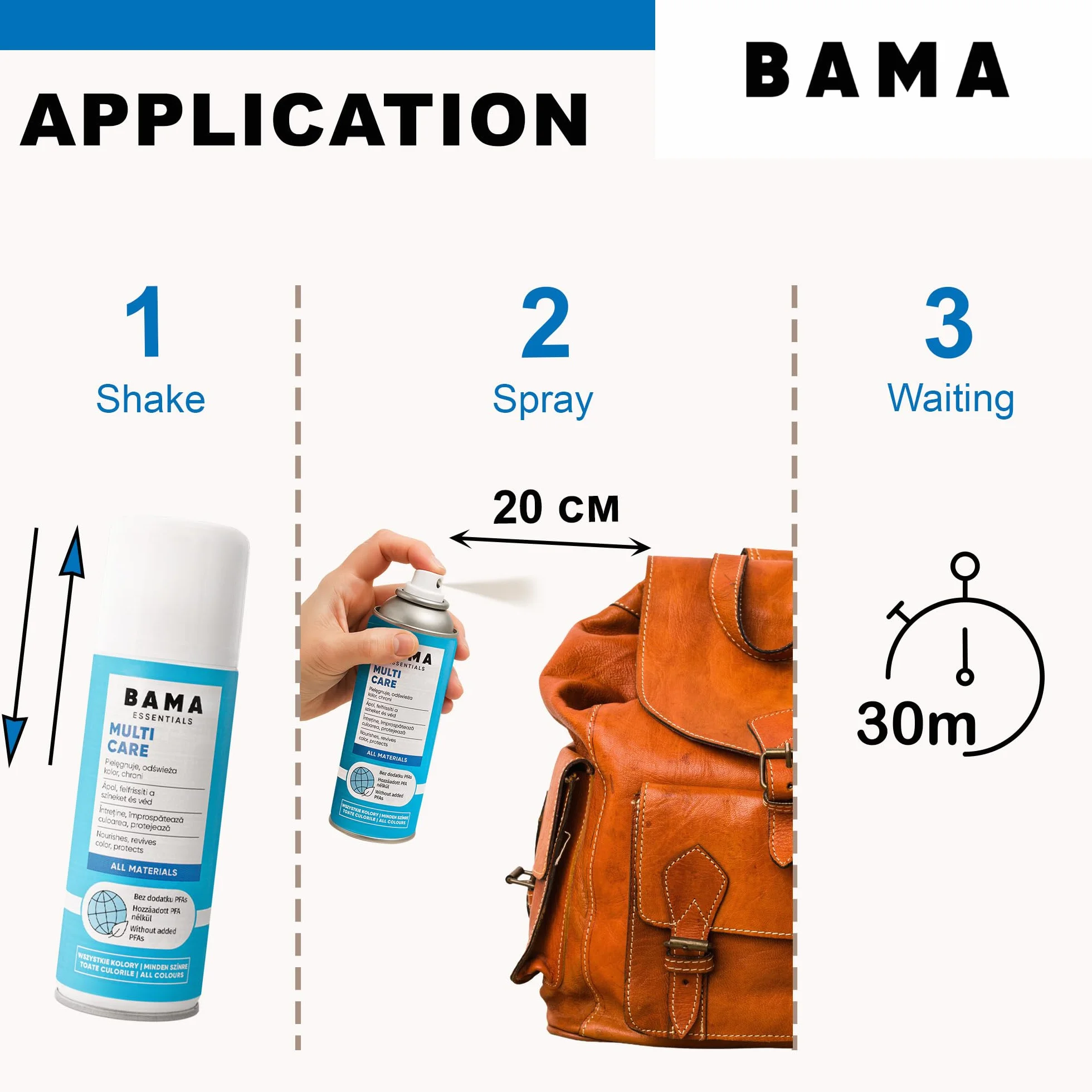 Bama Multicare Uniwersalny Spray Pielęgnacyjny – bez PFAS, do butów, toreb i kurtek. Do skóry gładkiej, zamszu, syntetyków i tekstyliów. Chroni przed wodą i zabrudzeniami - 300 ml
