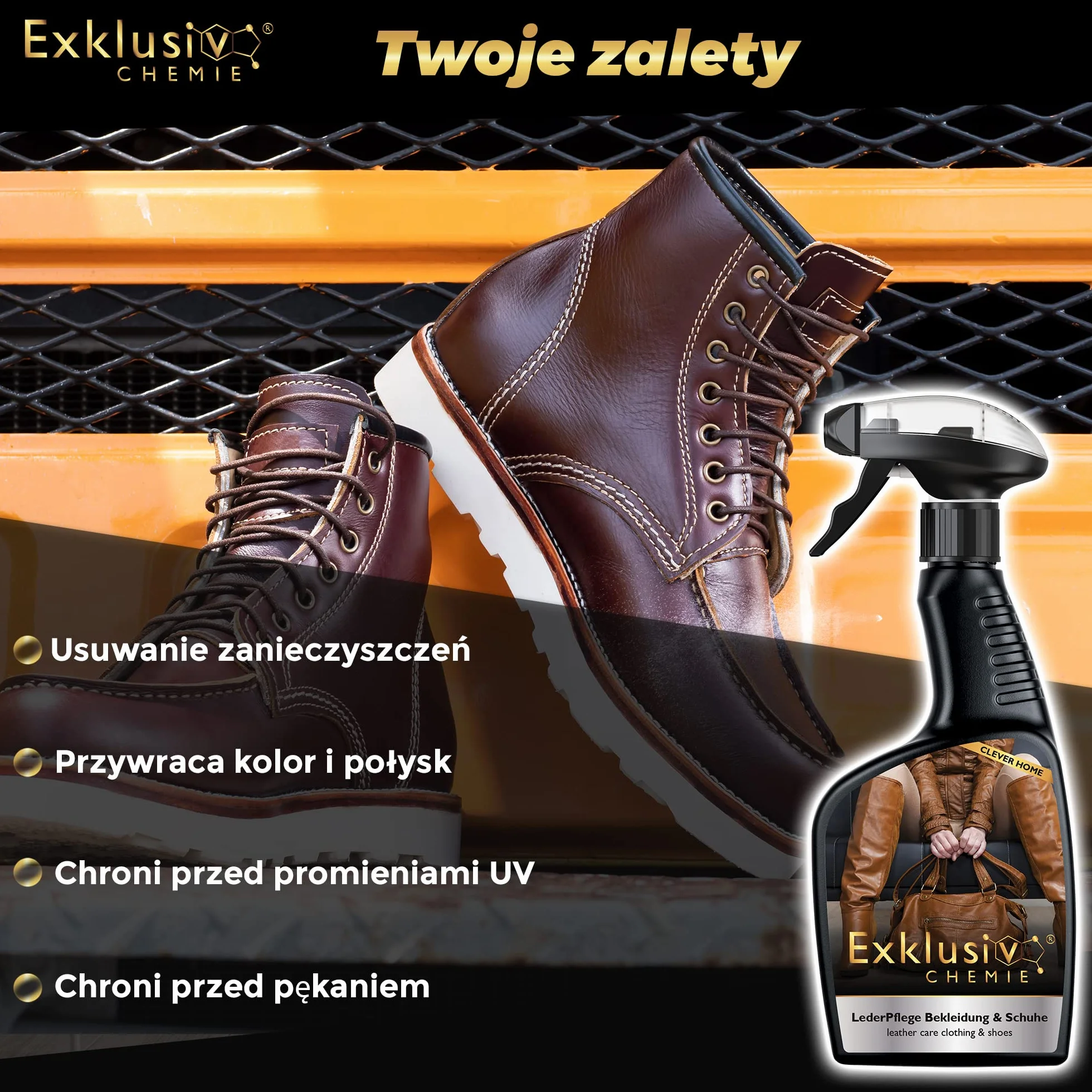 Exklusiv Chemie® Pielęgnacja skóry dla odzieży i obuwia | Pielęgnacja skóry dla skórzanych ubrań i butów | Leather Care | Leather Care Spray | Środek do czyszczenia skóry | 500 | Do kurtek skórzanych, butów skórzanych i toreb skórzanych