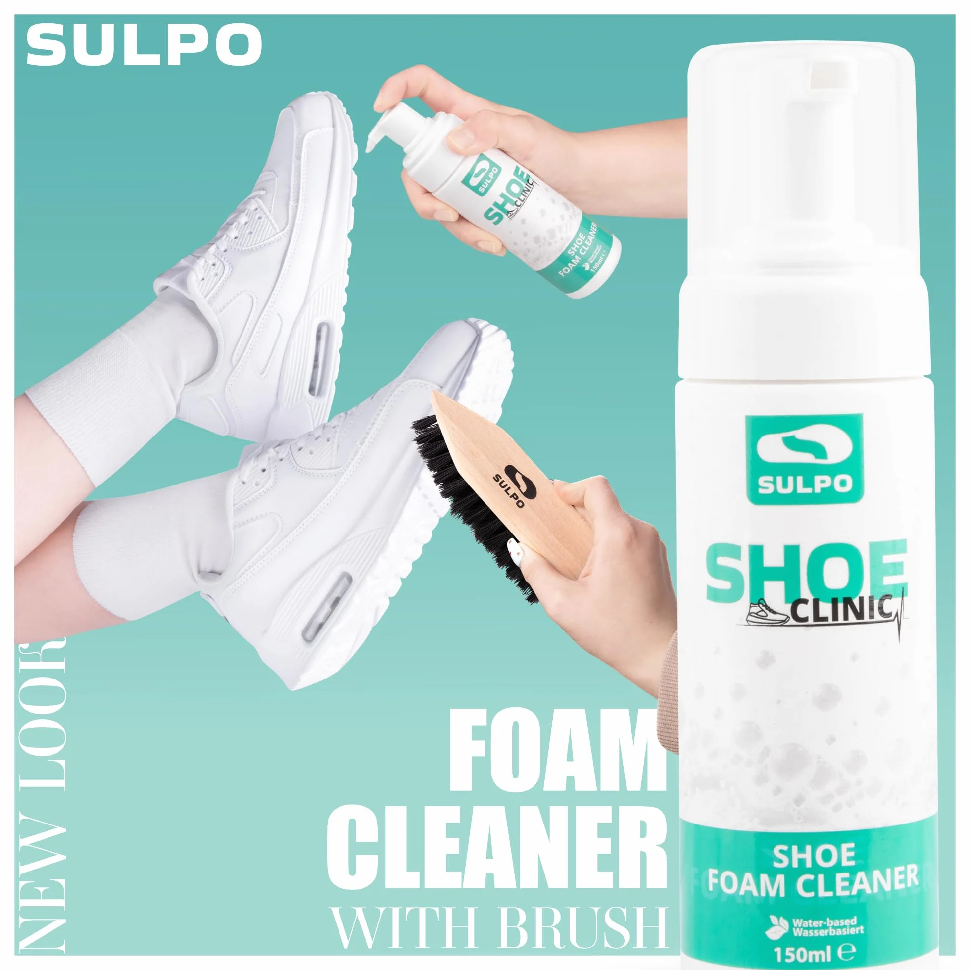 SULPO Shoe Clinic Sneaker Cleaner - Piankowy środek do czyszczenia butów - Środek do czyszczenia zamszu, zamszu, skóry gładkiej, tekstyliów, szampon do butów - 150 ml