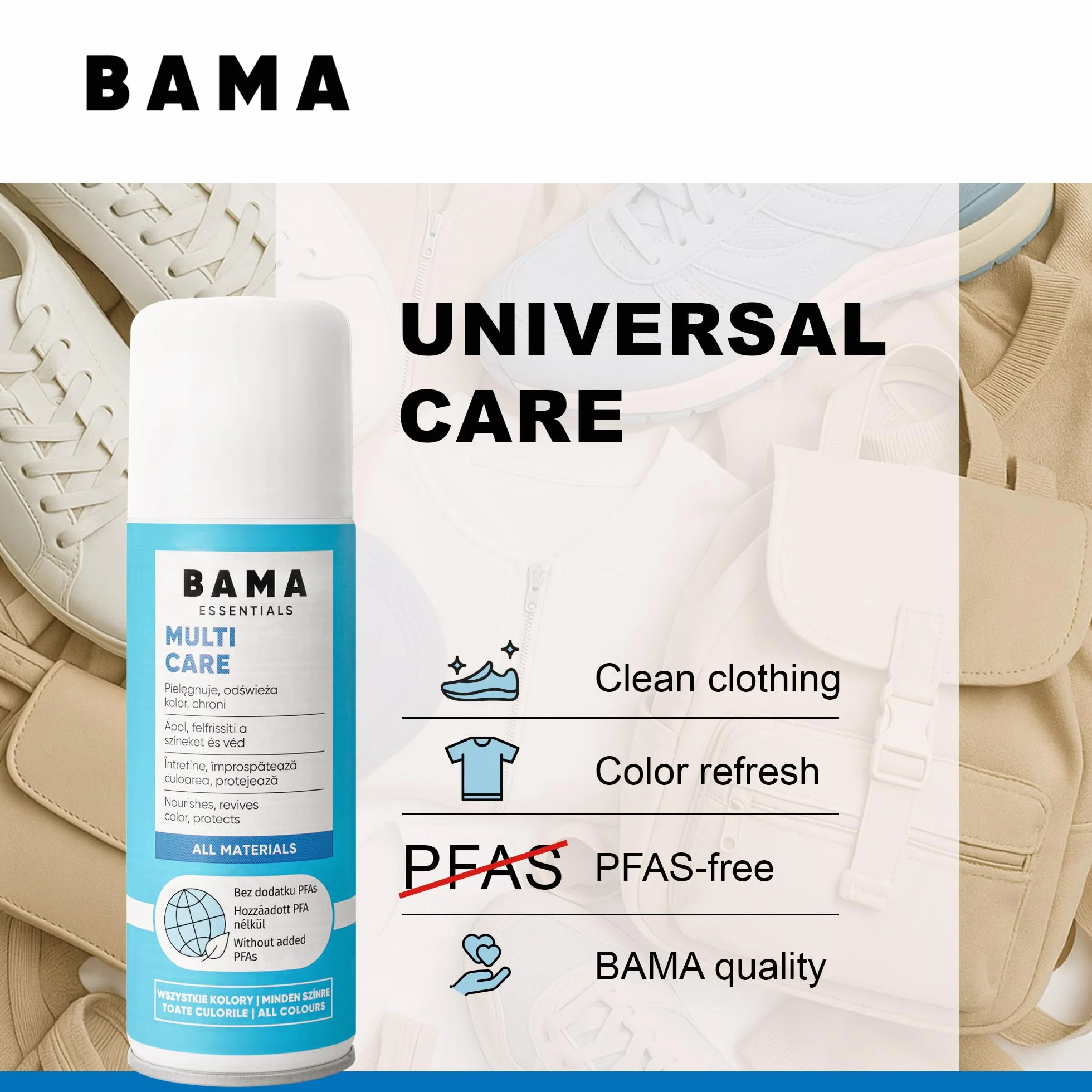 Bama Multicare Uniwersalny Spray Pielęgnacyjny – bez PFAS, do butów, toreb i kurtek. Do skóry gładkiej, zamszu, syntetyków i tekstyliów. Chroni przed wodą i zabrudzeniami - 300 ml