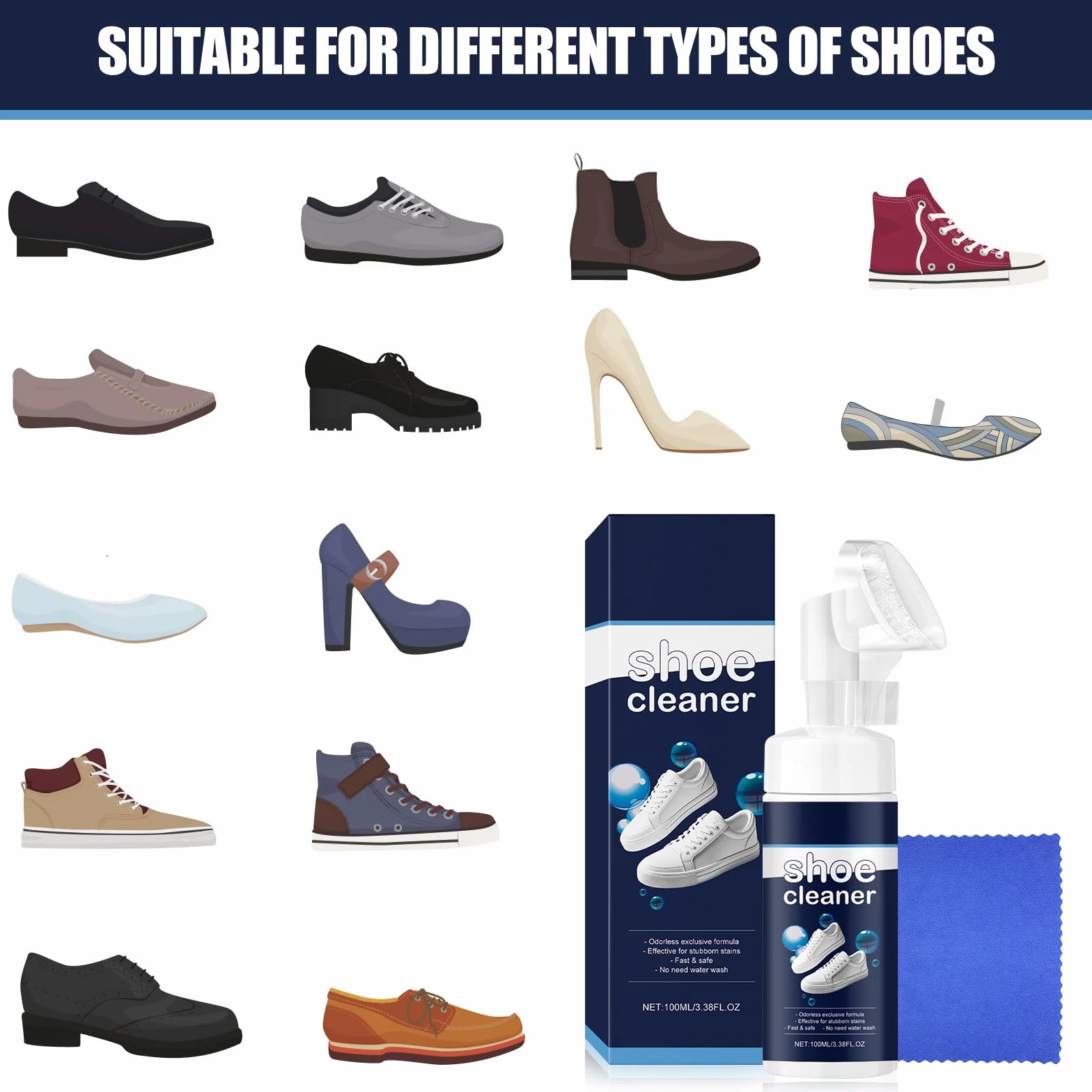 Środek do czyszczenia butów typu sneaker, białe buty ze zintegrowaną szczotką do sneakersów, pianka do usuwania plam i zabrudzeń, środek do czyszczenia butów sportowych
