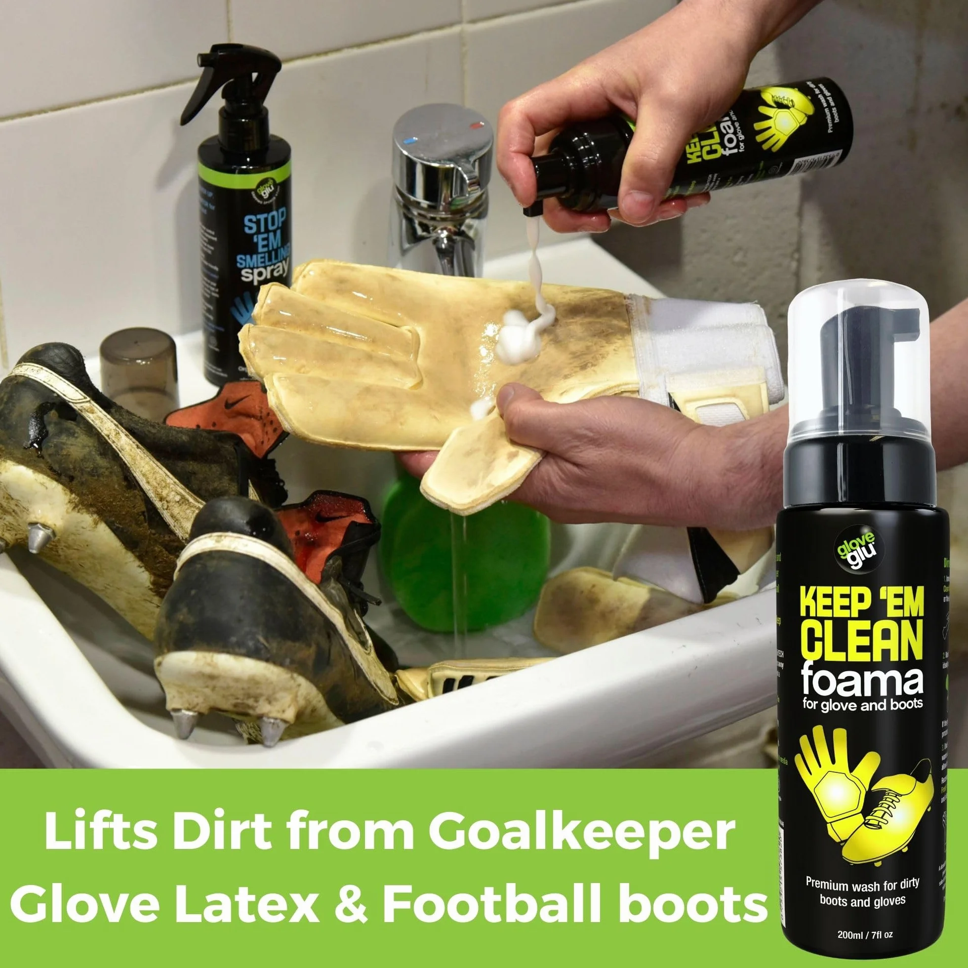 gloveglu Keep 'Em Clean Foama do rękawic bramkarskich i butów piłkarskich, 200 ml