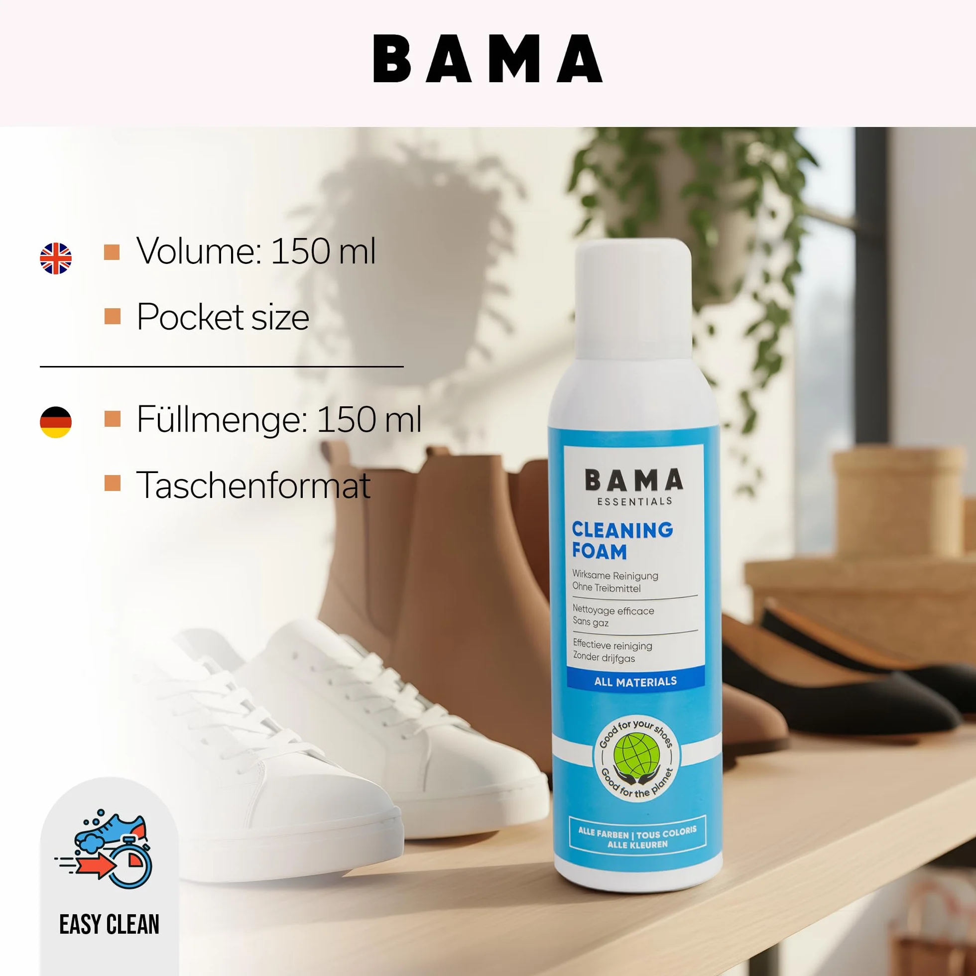 BAMA Cleaning Foam - Pianka Czyszcząca Bama do Butów, Toreb i Kurtek - Pianka Czyszcząca z Technologią Odpychania Zabrudzeń, Eko Pianka Czyszcząca do Butów, 150ml