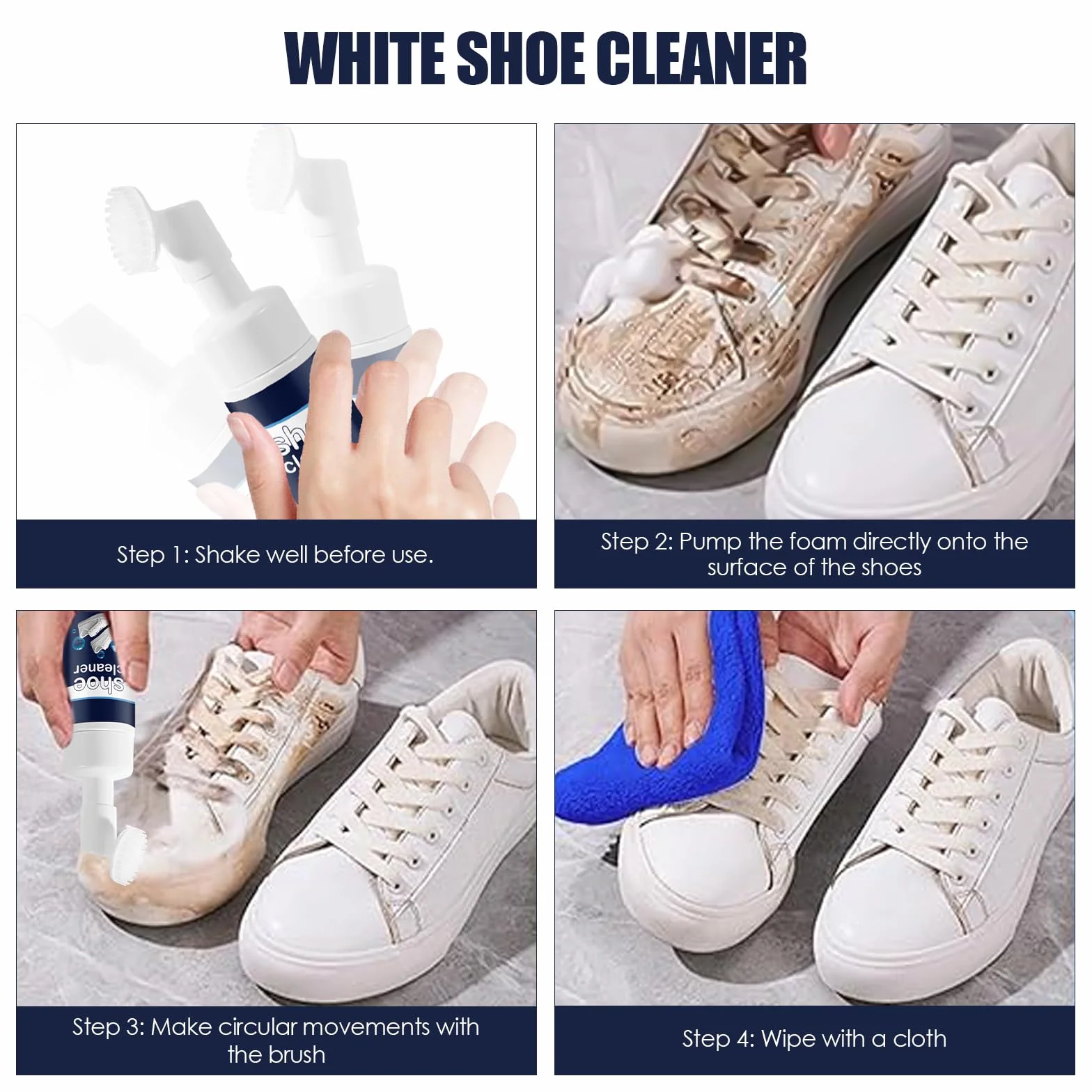 Środek do czyszczenia butów typu sneaker, białe buty ze zintegrowaną szczotką do sneakersów, pianka do usuwania plam i zabrudzeń, środek do czyszczenia butów sportowych