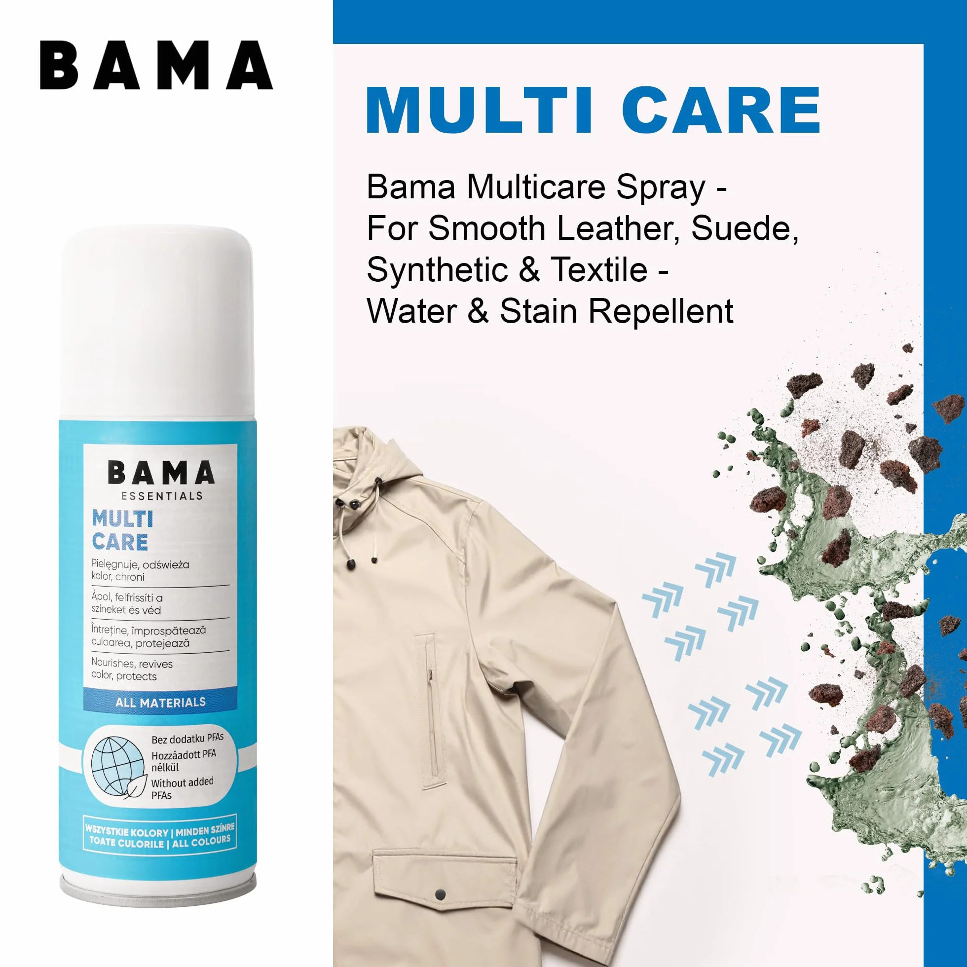 Bama Multicare Uniwersalny Spray Pielęgnacyjny – bez PFAS, do butów, toreb i kurtek. Do skóry gładkiej, zamszu, syntetyków i tekstyliów. Chroni przed wodą i zabrudzeniami - 300 ml