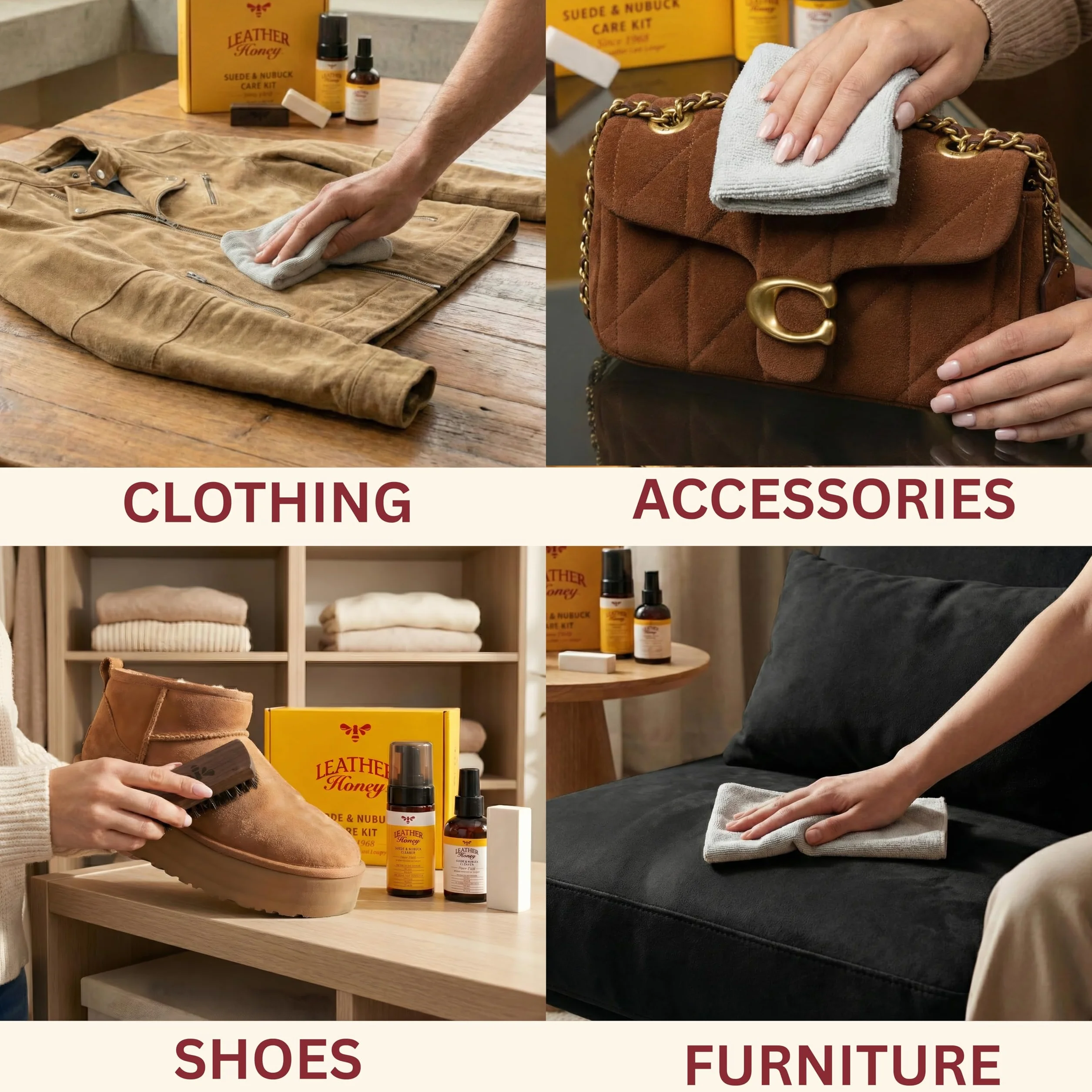 Leather Honey Zestaw Do Pielęgnacji Zamszu I Nubuku: Środek Czyszczący, Ochronny, Szczotka, Gumka: Czyści, Chroni I Odnawia Buty, UGGs, Meble, Kurtki, Torby I Odzież. Bezpieczny Dla Każdego Koloru