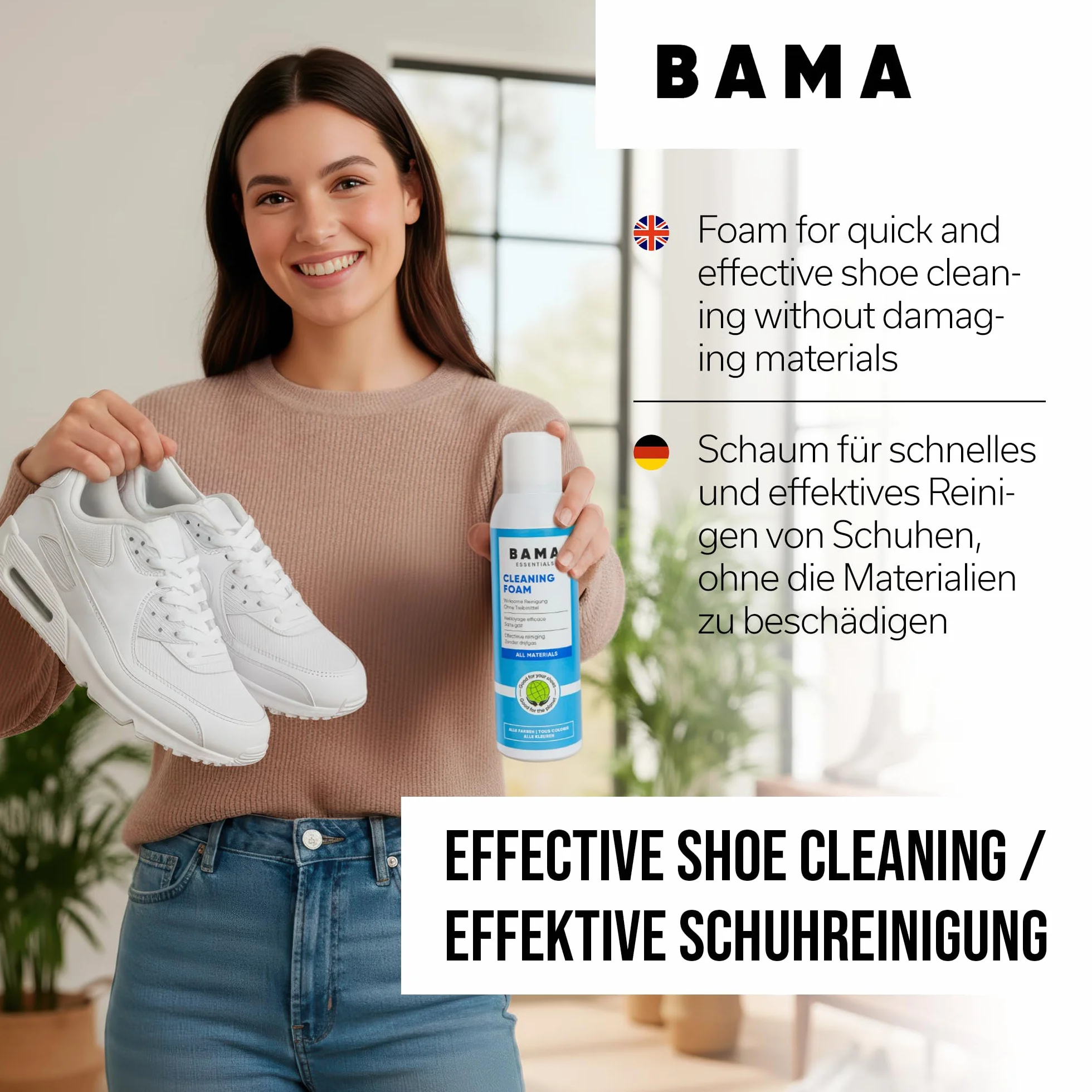 BAMA Cleaning Foam - Pianka Czyszcząca Bama do Butów, Toreb i Kurtek - Pianka Czyszcząca z Technologią Odpychania Zabrudzeń, Eko Pianka Czyszcząca do Butów, 150ml